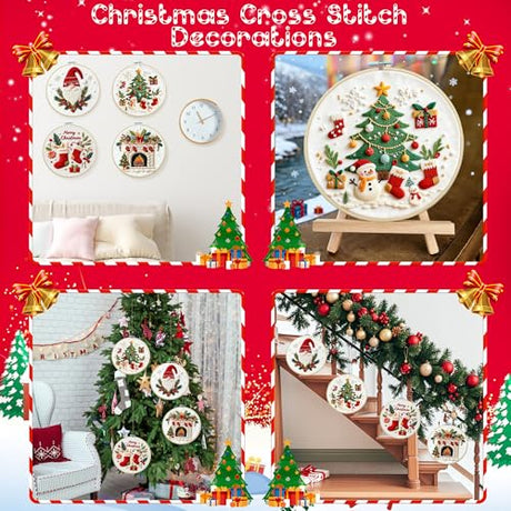 QCCTPUU 4 Sets Christmas Embroidery Kits, Beginner Embroidery Kit for Adults, Cross Stitch Kits for Beginners with Hand Embroidery Tools(Instructions, Needles, Threads QCCTPUU