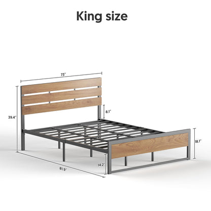 BONSOIR King Size Steel Platform Bed Frame with Wood Headboard – Easy Assembly, No Box Spring Required, Squeak-Free Design - WoodArtSupply