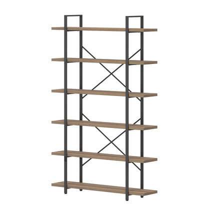 HSH Rustic Oak 6-Tier Tall Bookcase & Storage Rack with Metal Frame - WoodArtSupply