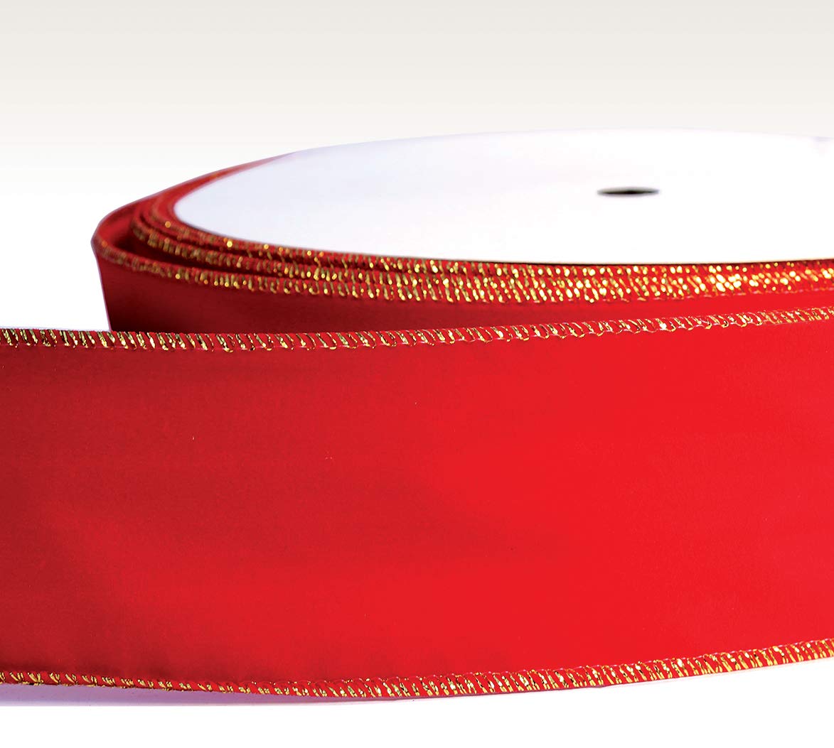 Red Velvet Ribbon Velvet Christmas Ribbon Red Wired 50 Yards/2.5 (2 1/2) Inch Wide w. Gold Trim Wire-Edge: Valentine, Xmas Gift Wrap, Christmas Tree Bows/Outdoor/Wire Ribbons for Crafts/Gifts OLYPHAN