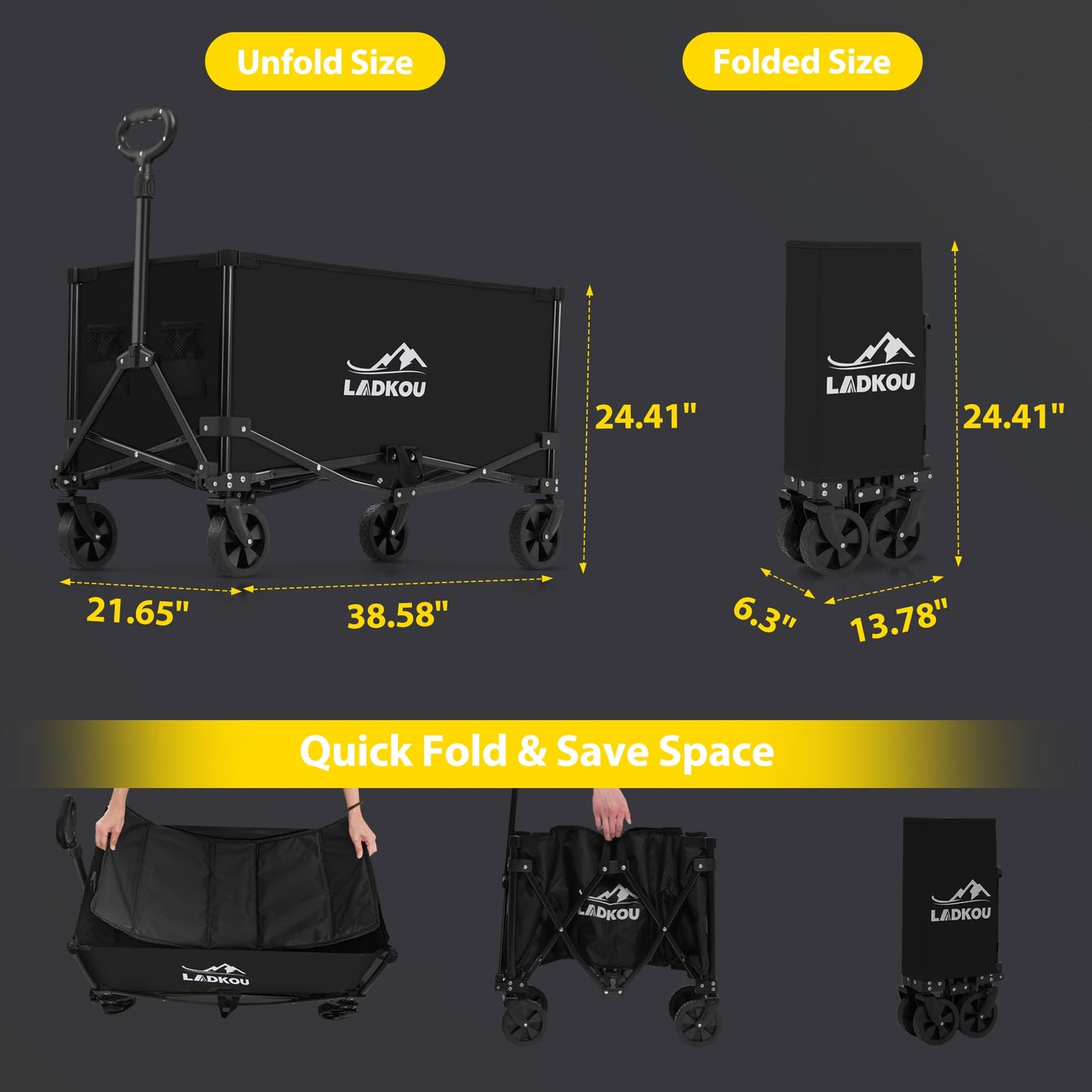 Ladkou Collapsible Foldable Wagon, Heavy Duty Beach Wagon Cart with 140L Capacity and 220LBS Load, Portable Utility Grocery Wagon for Outdoor Camping Garden, Black - WoodArtSupply