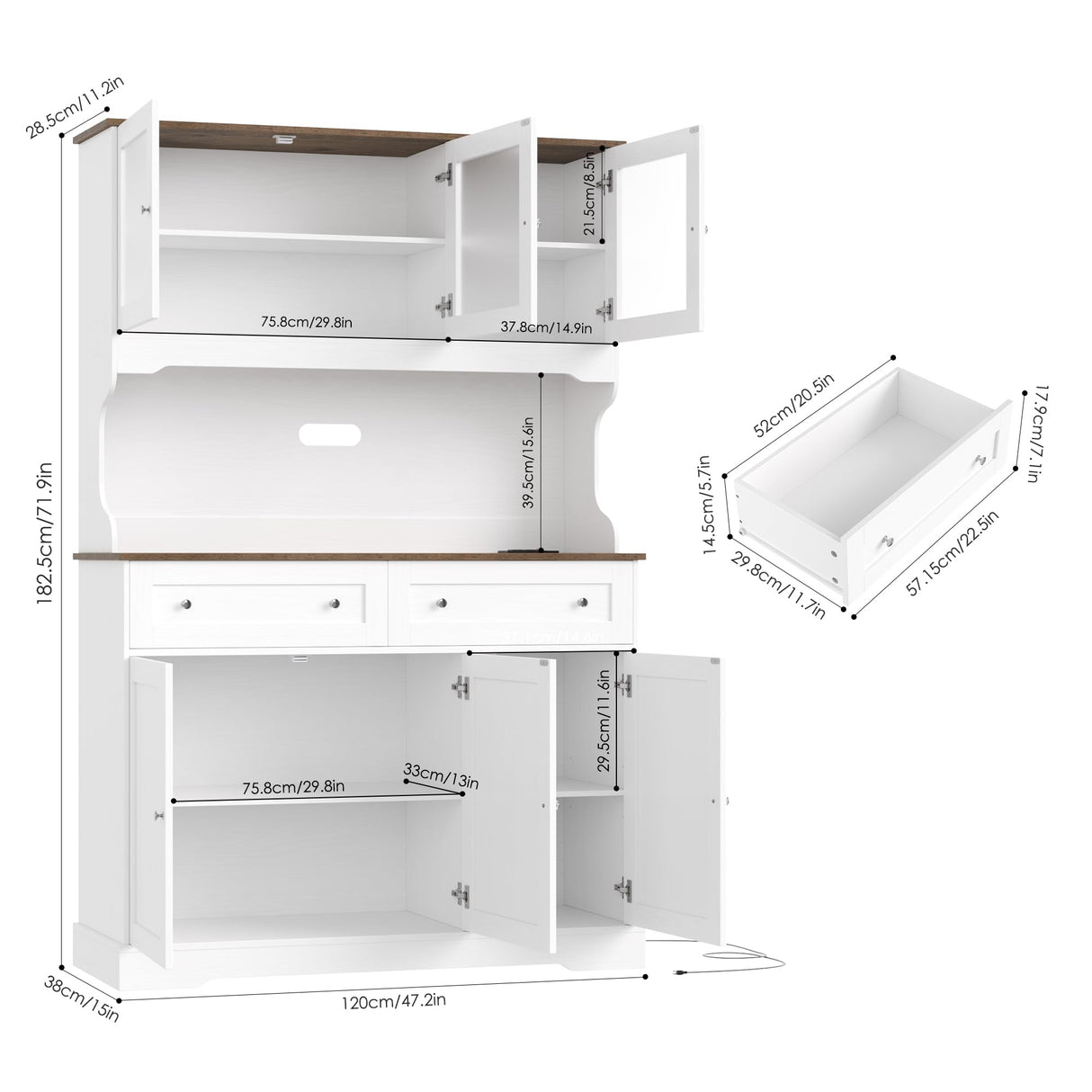 FACBOTALL 71.9" Kitchen Pantry Cabinet, Tall Storage Cabinet, Kitchen Cabinets with Countertop and Outlets, Farmhouse Kitchen Pantry Storage Cabinet with Doors and Shelves for Kitchen, White FACBOTALL
