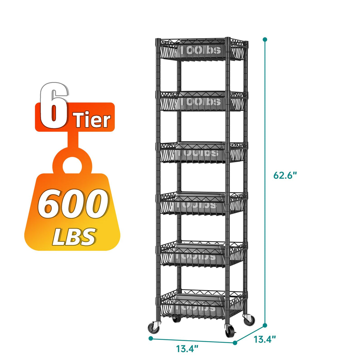 SINGAYE 6 Tier Shelf Wire Rack Shelving with Wheels Metal Storage Shelves Adjustable Closet Bathroom Organizers Baskets Pantry Kitchen Garage Laundry Room 13.5" D x 13.5" W x 63" H Black SINGAYE
