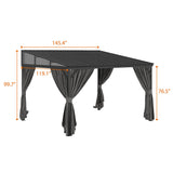 MOUMON 10x12Ft Hardtop Gazebo, Aluminum Frame Wall Mount Outdoor Gazebo with Netting & Curtains, Sloping Galvanized Iron Roof, Sun Shade Pergola Canopy for Patio Garden Backyard, Black Grey MOUMON