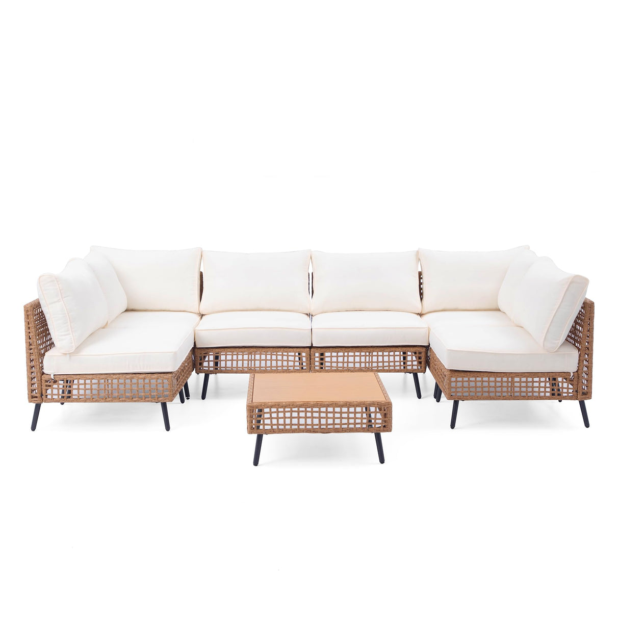 LAUSAINT HOME 7-Piece All-Weather Outdoor Sectional Sofa Set PE Wicker Patio Conversation Set with Thick Cushions & Coffee Table for Garden (Beige) LAUSAINT HOME