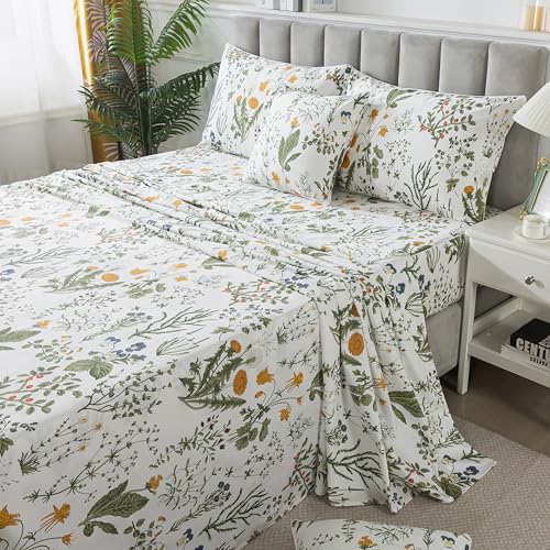 FADFAY 100% Egyptian Cotton Sheets Twin Botanical Printed Floral Sheets Yellow Flowers & Leaves Pattern Farmhouse Bedding Soft and Breathable French Country Bedding 4Pcs Deep Pocket Twin Sheet Set FADFAY