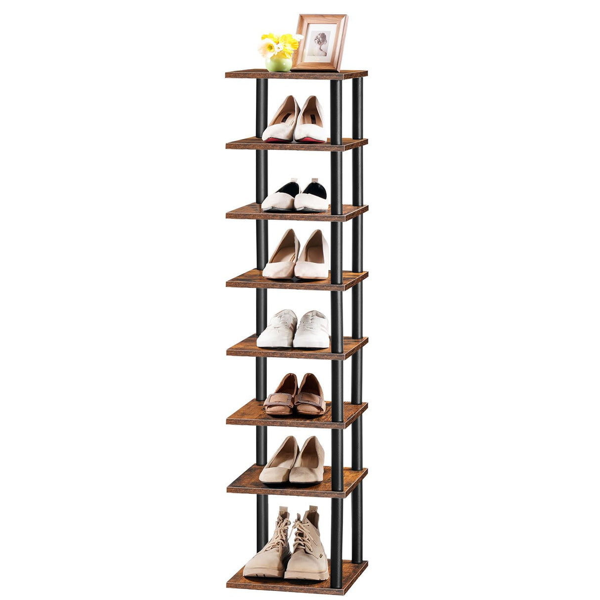 HOOBRO Vertical Shoe Rack, 8-Tier Narrow Shoe Shelf, Shoe Storage Organizer for Small Space, 11" L x 11" W x 53" H, Closet, Entryway, Hallway, Bedroom, Rustic Brown and Black BF22XJ01 HOOBRO