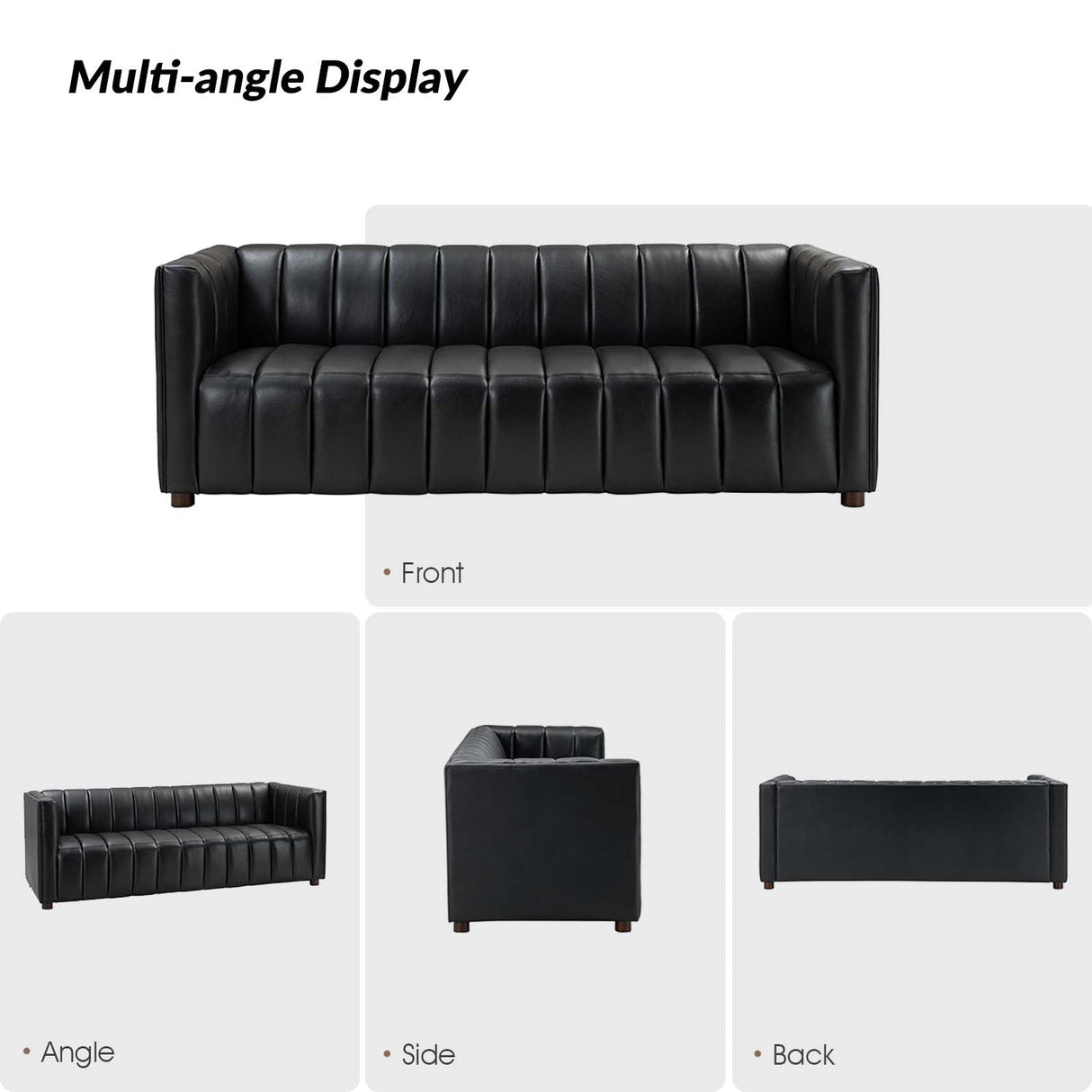 HULALA HOME 83" Genuine Leather Sofa with Channel Tufted Design, 3-Seater Sofa for Living Room Bedroom, Modern Oversized Couch with Wood Legs, Black HULALA HOME