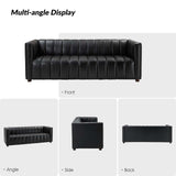 HULALA HOME 83" Genuine Leather Sofa with Channel Tufted Design, 3-Seater Sofa for Living Room Bedroom, Modern Oversized Couch with Wood Legs, Black HULALA HOME