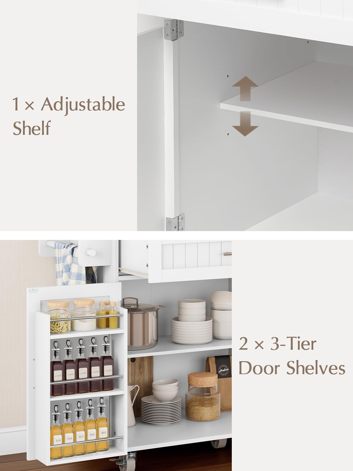 OtterOasis Kitchen Island with Storage, 31.5" D Rolling Kitchen Island Cart on Wheels with Widen Drop Leaf Rubberwood Top, Large Mobile Kitchen Island with Trash Can Storage and Towel Bar, White OtterOasis