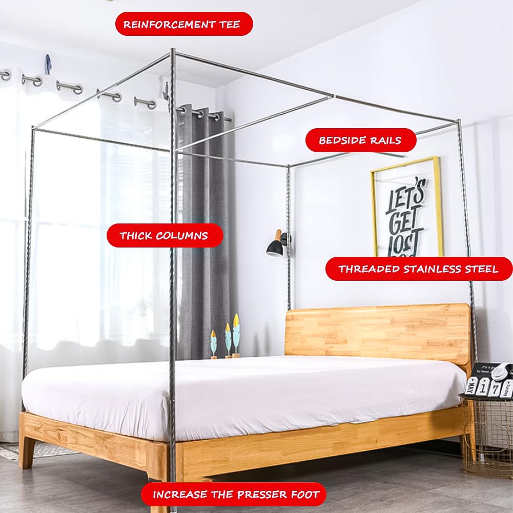 JNTKE Canopy Bed Frame, 4 Corners Stainless Steel Bed Mosquito Net Frame Bracket, King Metal Four Corner Bed Mosquito Netting Bracket for Bedroom Decoration, 78"x 78"x 78" JNTKE