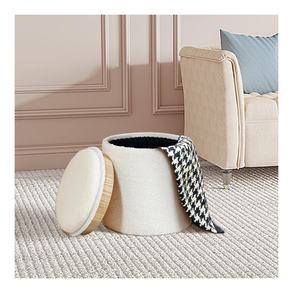 PINPLUS Round Storage Ottoman Boucle Ottoman with Tray, Teddy Velvet Footstool Ottoman Cube for Living Room, Bedroom, Dorm 13.4"x13.4"x15" (White) PINPLUS