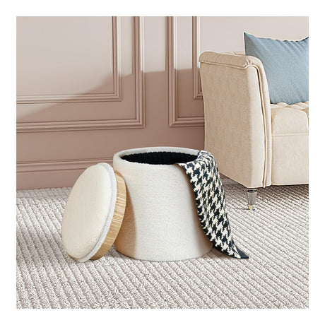 PINPLUS Round Storage Ottoman Boucle Ottoman with Tray, Teddy Velvet Footstool Ottoman Cube for Living Room, Bedroom, Dorm 13.4"x13.4"x15" (White) PINPLUS