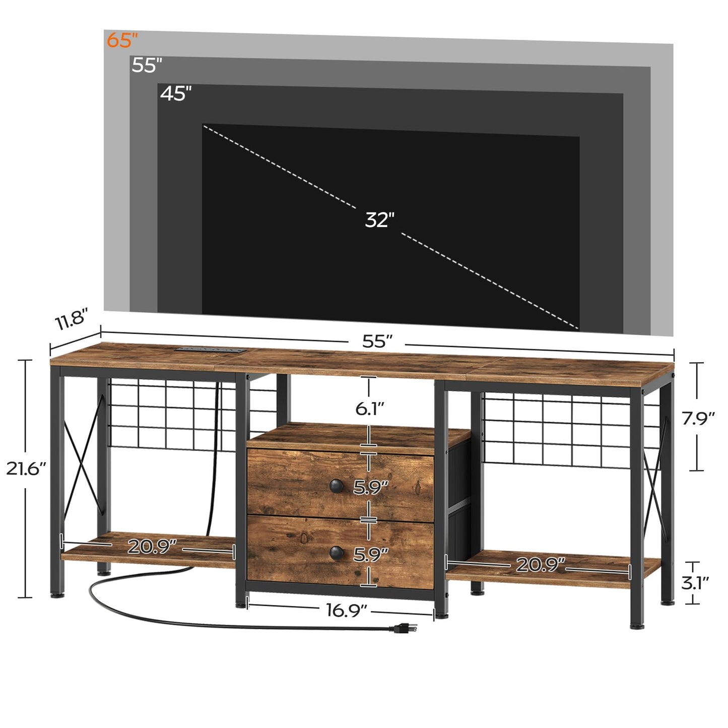 YATINEY TV Stand with Power Outlet for 65 Inch, Entertainment Center with 2 Fabric Drawers, TV Console Table with Open Storage Shelves for TVs, Cable Management, for Living Room, Bedroom, DS14UBR