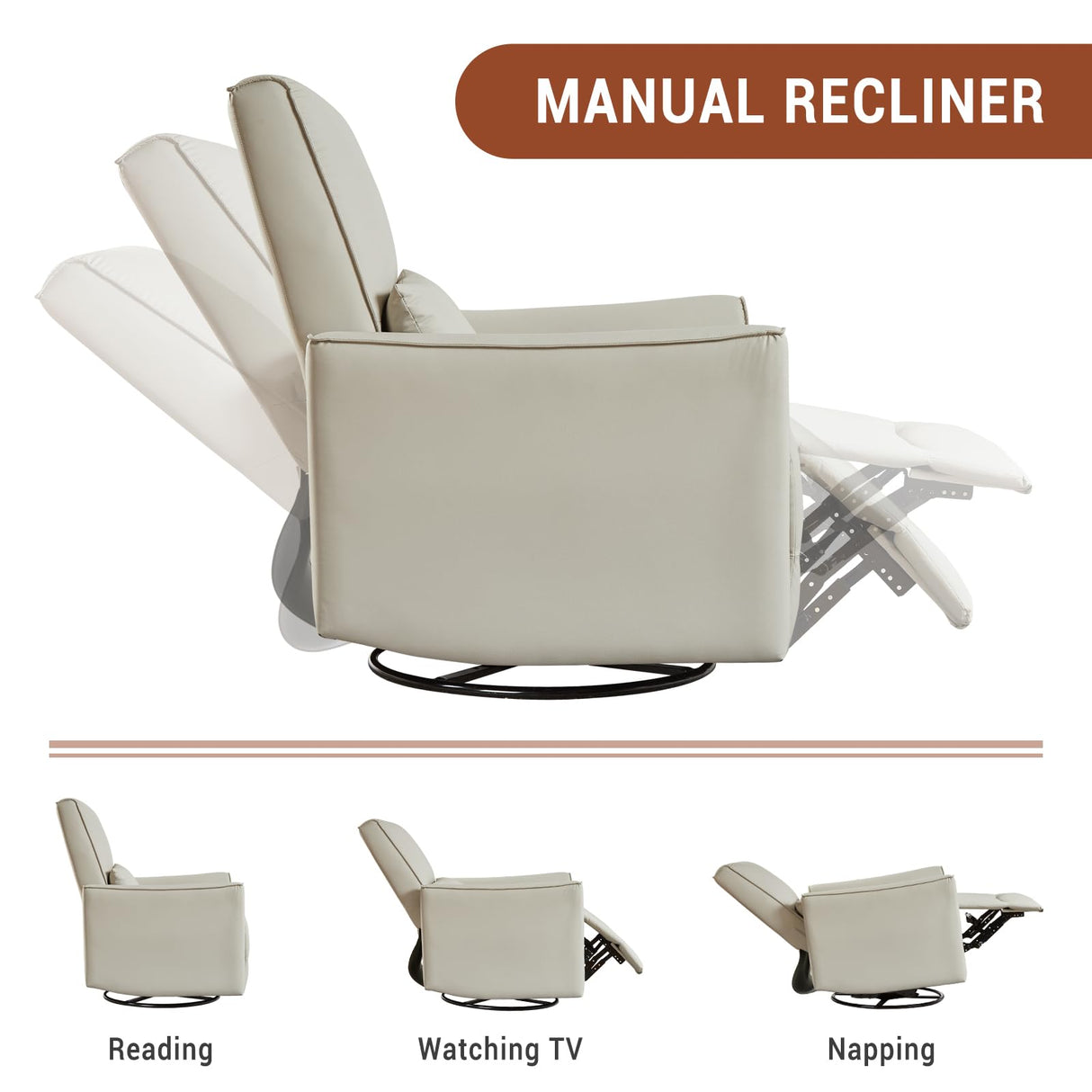 GAOMON Swivel Rocking Recliner Chair, Manual Leather Recliner Glider with Lumbar Support & Padded Armrest, Comfortable Rocker Nursery Single Sofa for Living Room and Bedroom (White) GAOMON