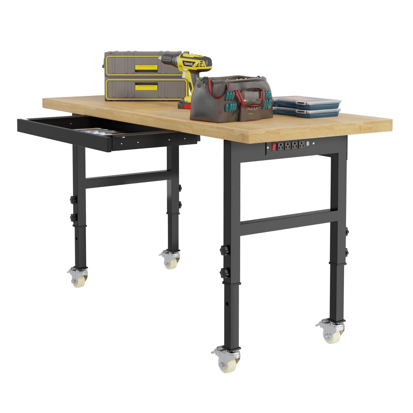 60" Adjustable Height Workbench with Drawers, Heavy Duty Work Table with Power Outlets and Wheels, 2000Lbs Capacity Load Work Benches for Garage, Workshop, Home, Office - WoodArtSupply