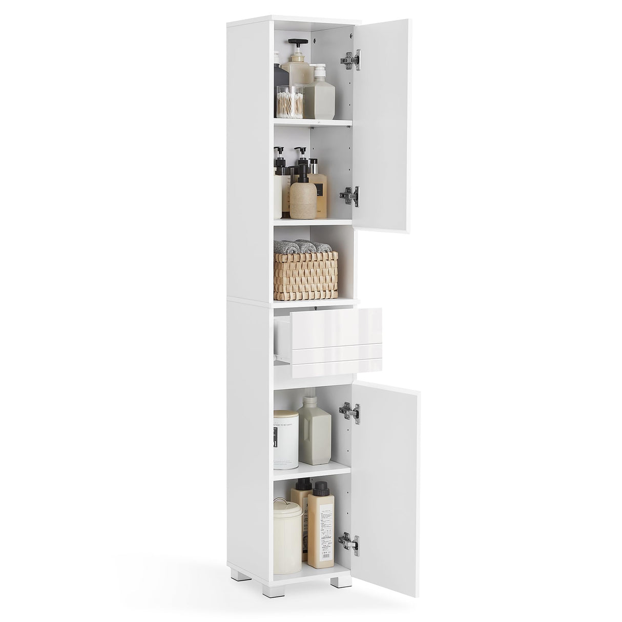 VASAGLE Tall Bathroom Cabinet, Slim Bathroom Storage Cabinet, Freestanding Narrow Cabinet with a Drawer, Adjustable Shelves, Open Compartment, for Small Spaces, White UBBC560P31 VASAGLE