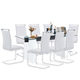 MEMUY Glass Dining Table Set for 8,Rectangle Dining Table Top with White High Glossy Wood Board Base,71”White Kitchen Table with 8 White Chairs for 6-8 Person MEMUY