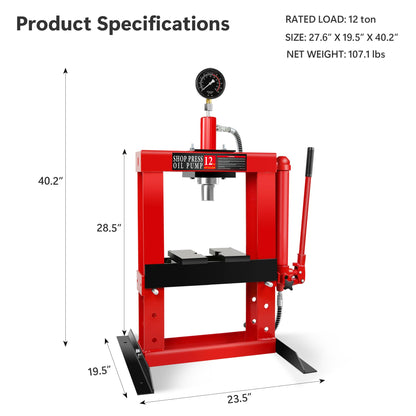 Dithoko Benchtop Hydraulic Shop Press, H-Frame 12 Ton Hydraulic Shop Press with Adjustable Working Table and Pressure Gauge, Garage Floor Mount Press for Bend, Straighten or Press Parts (Blac - WoodArtSupply