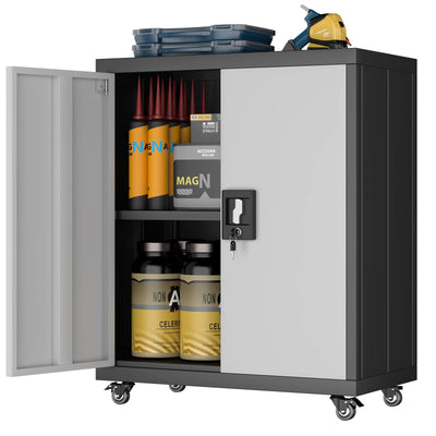 FATIGOS 31.5''H Metal Storage Cabinet with Wheels, Garage Storage Cabinet with Lock, Lockable Steel Rolling Tool Chest with Doors & Adjustable Shelves for Garage, Home, Office, Assembly Required