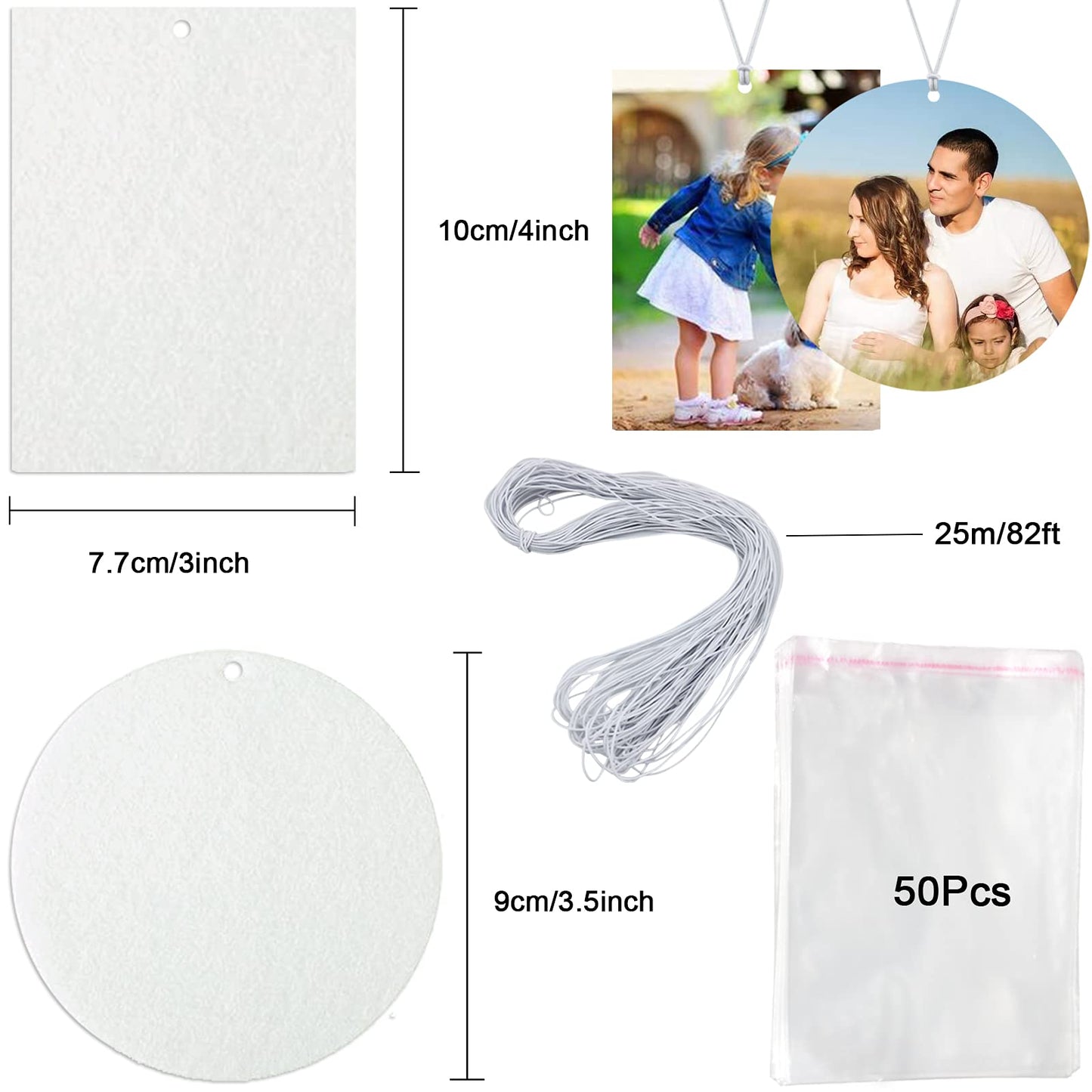 ArtCute 101Pcs Air Freshener Sublimation Blanks Kits Car Scented Hanging Sheets Polyester Felt Air Freshener Sheet for DIY Car and Home with Elastic Rope and Self-Seal Bags (Circle+Rectangle)