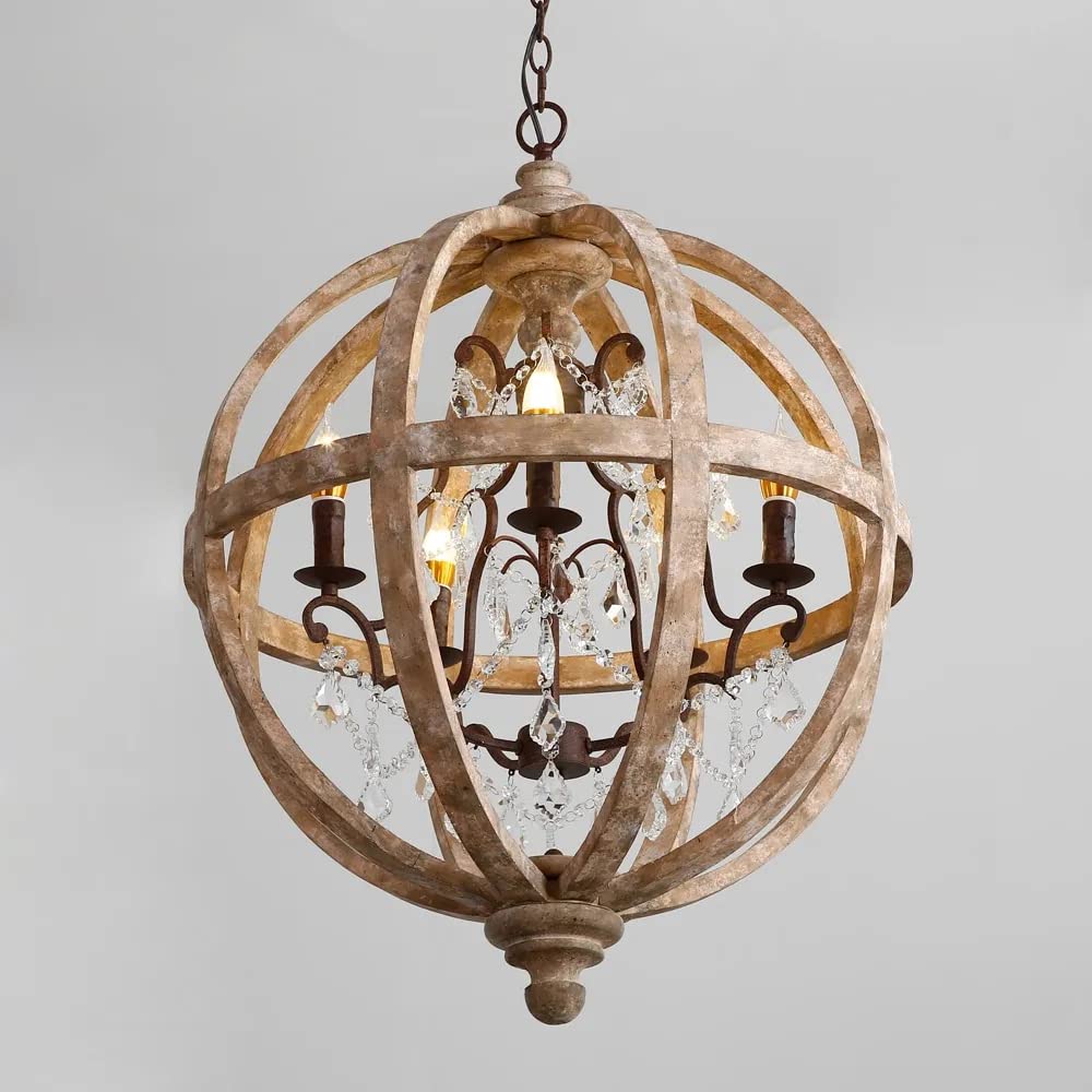 LOVEDIMA New 24" Wide Retro Rustic Weathered Wooden Globe Chandelier Crystal 5-Light Pendant Lighting LOVEDIMA