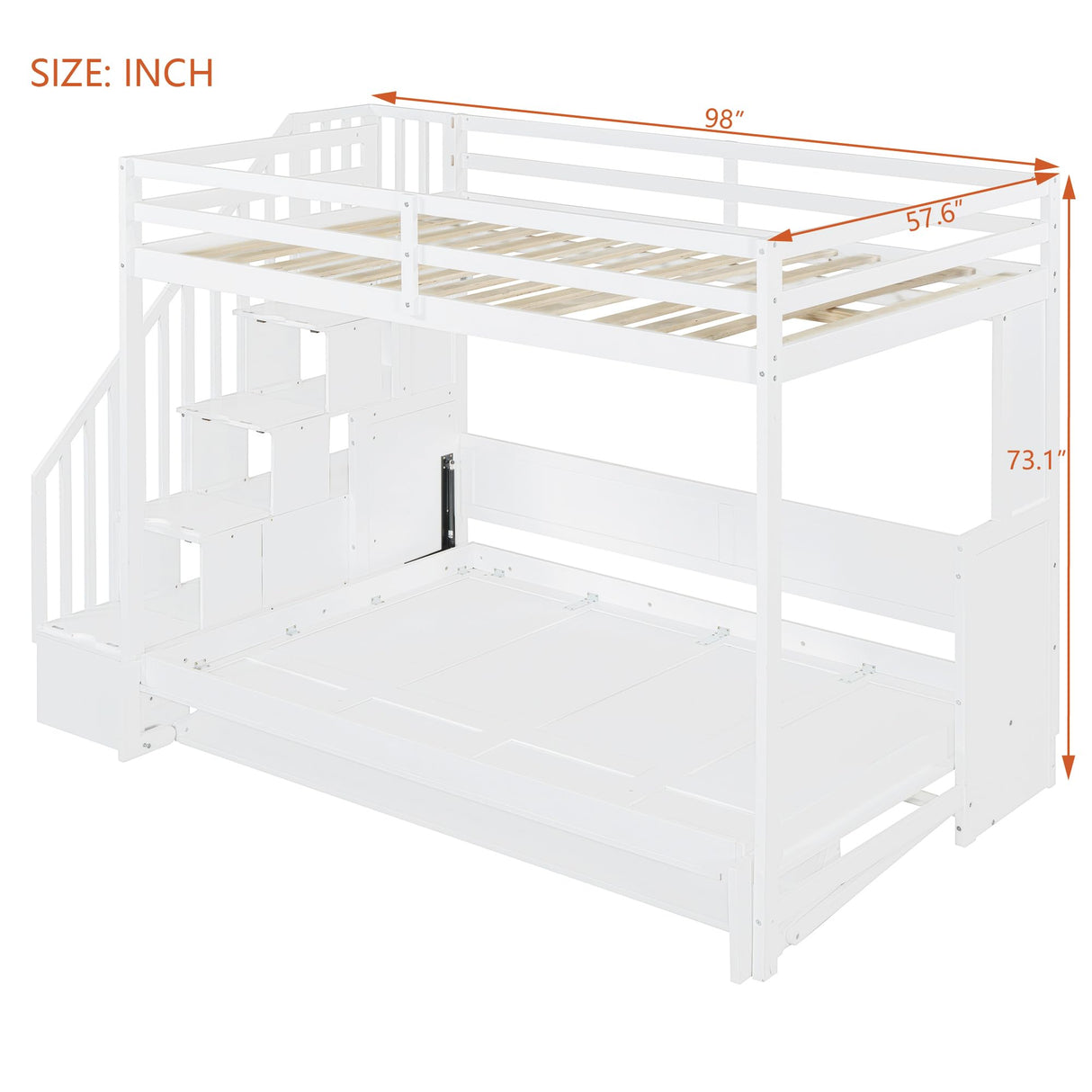 Merax Full Over Full Farmhouse Loft Bed with Murphy Cabinet Bed w/Hydraulic Lift, Solid Wood Wall Bunk Bed with Storage Staircase, Shleves & Desk/No Box Spring Needed/Easy Assemble/White Merax