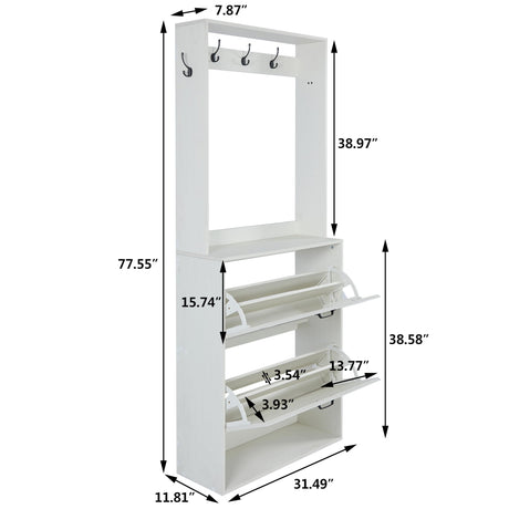 Betoko Hall Tree with Shoes Storage,Farmhouse Entryway Coat Rack Wooden Hallway Mudroom Tree Bench Corner Tree Cabinet with 5 Coat Hooks & 2 Shoes Cabinets and Open Shelf(Rustic White) Betoko