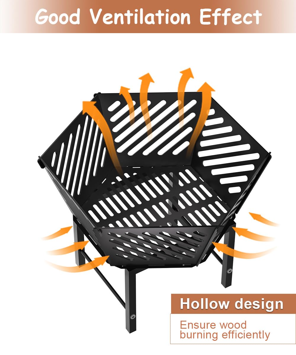 Waaliji 22.5 Inch Portable Plug Fire Pit for Camping, Heightened Detachable Outdoor Wood Burning Firepits for Outside Patio Heating, Picnic, Bonfire and BBQ with Travel Bag, Diagonal Hollow Style waaliji