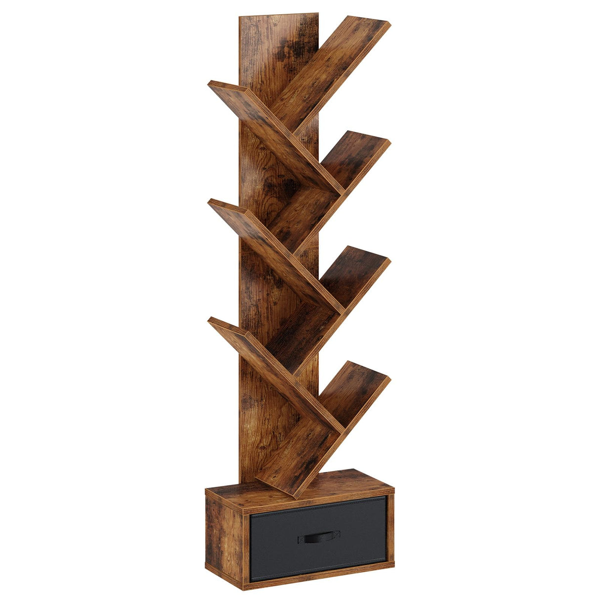 Rolanstar 7 Tier Bookshelf with Drawer, Tree Bookshelf, Small Bookshelves with Storage Rack for CDs/Movies/Books, Standing Book Shelf, Tall Narrow Bookcase for Living Room, Bedroom, Rustic Brown Rolanstar