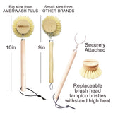 AMERWASH PLUS Dish Brush with Wooden Handle, Natural Kitchen Brush for Dishes Vegetable, Pots and Pans, Tampico Fiber Bristles Scrubber, Extra 3 Pack Replacement Head Included AMERWASH PLUS