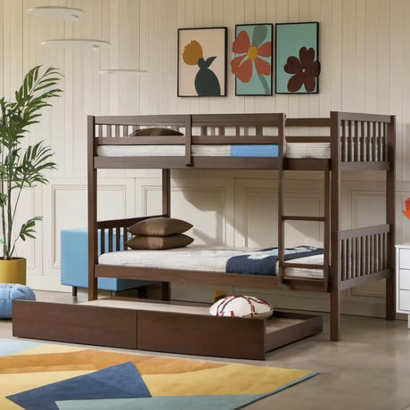 PVWIIK Convertible Bed Frame/Twin Size Rubber Wood Bunk Bed with Trundle for Kids/Boy/Girl Bedroom,Twin Over Twin Bunk Bed with Ladder and Safety Guardrails,No Box Spring Needed,Espresso PVWIIK