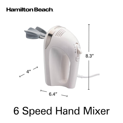 Hamilton Beach 6-Speed Electric Hand Mixer with Whisk, Dough Hooks and Easy Clean Beaters, Powerful 275 Watt Motor, Snap-On Storage Case, White