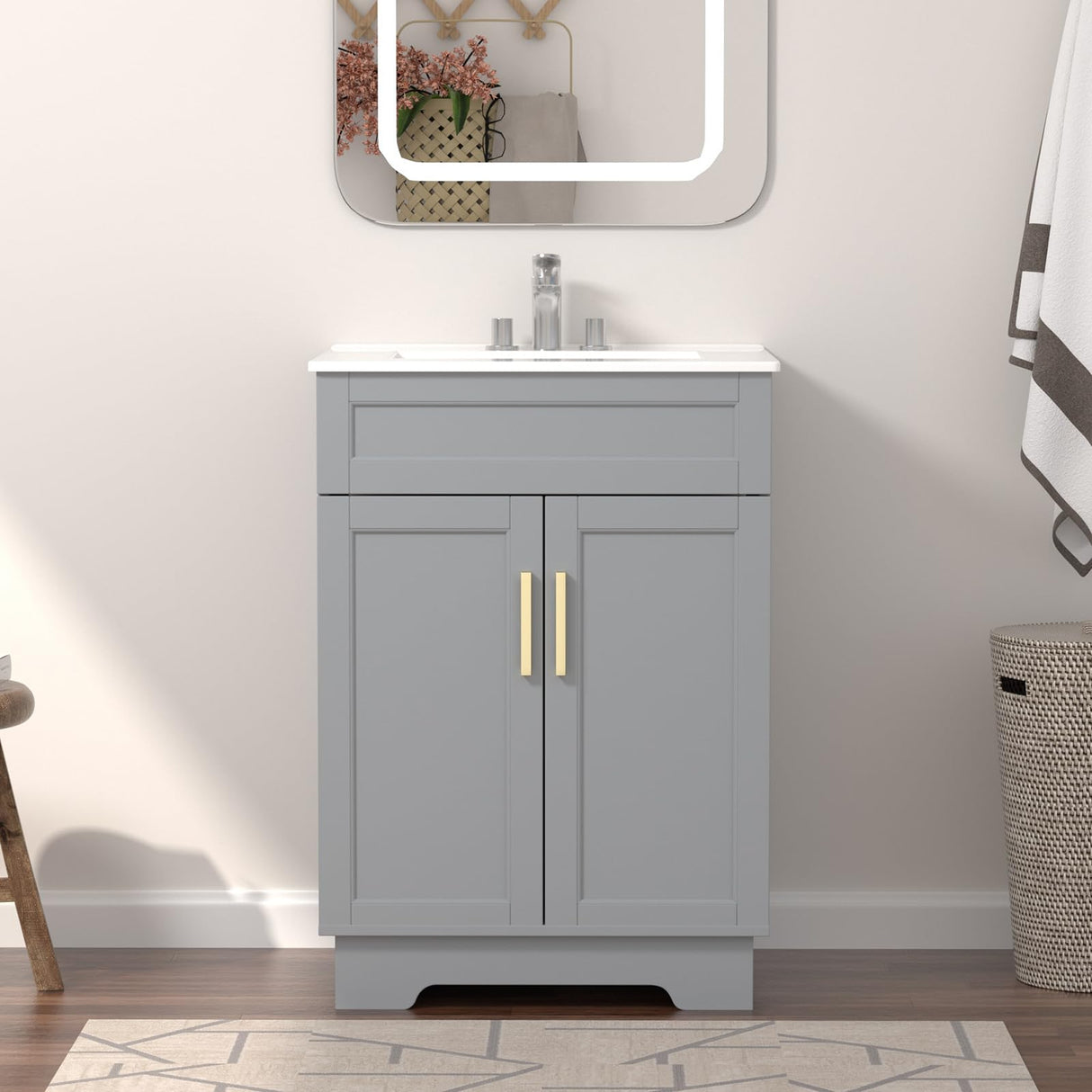 Ymise Bathroom Vanity with Sink, 24-Inch Bathroom Vanities Cabinet with Large Storage Space, Wooden Bathroom Sink Cabinet, Grey Ymise
