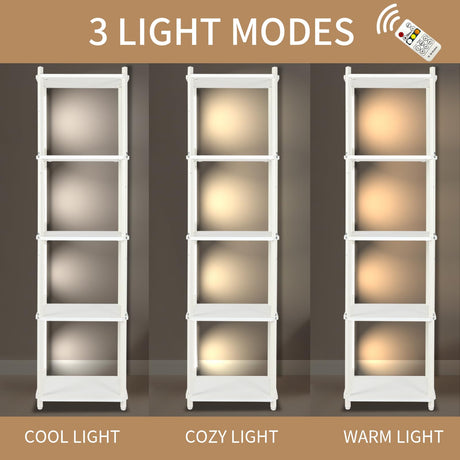 5 Tier Corner Shelf with LED Light, 57.7" Tall Corner Stand Shelves Modern Home Decor Display Floor Lamps, Corner Furniture Open Bookshelf for Bedroom, Office, Living Rooms, White Bloddream