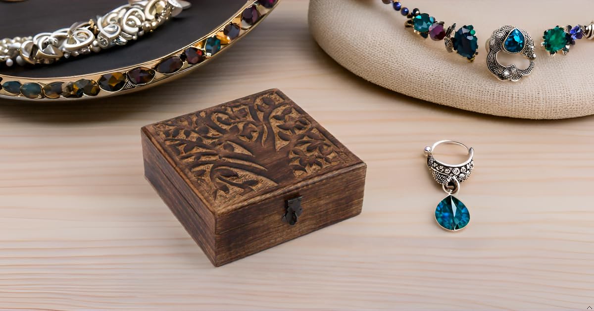 Great Birthday Gifts Handmade Decorative Wooden Jewelry Box With Tree Of Life Carving & Lock & Key Jewelry Organizer Keepsake Box Treasure Chest Trinket Holder Watch Box Storage Lock Box 6 x 6 Inches The Great Indian Bazaar