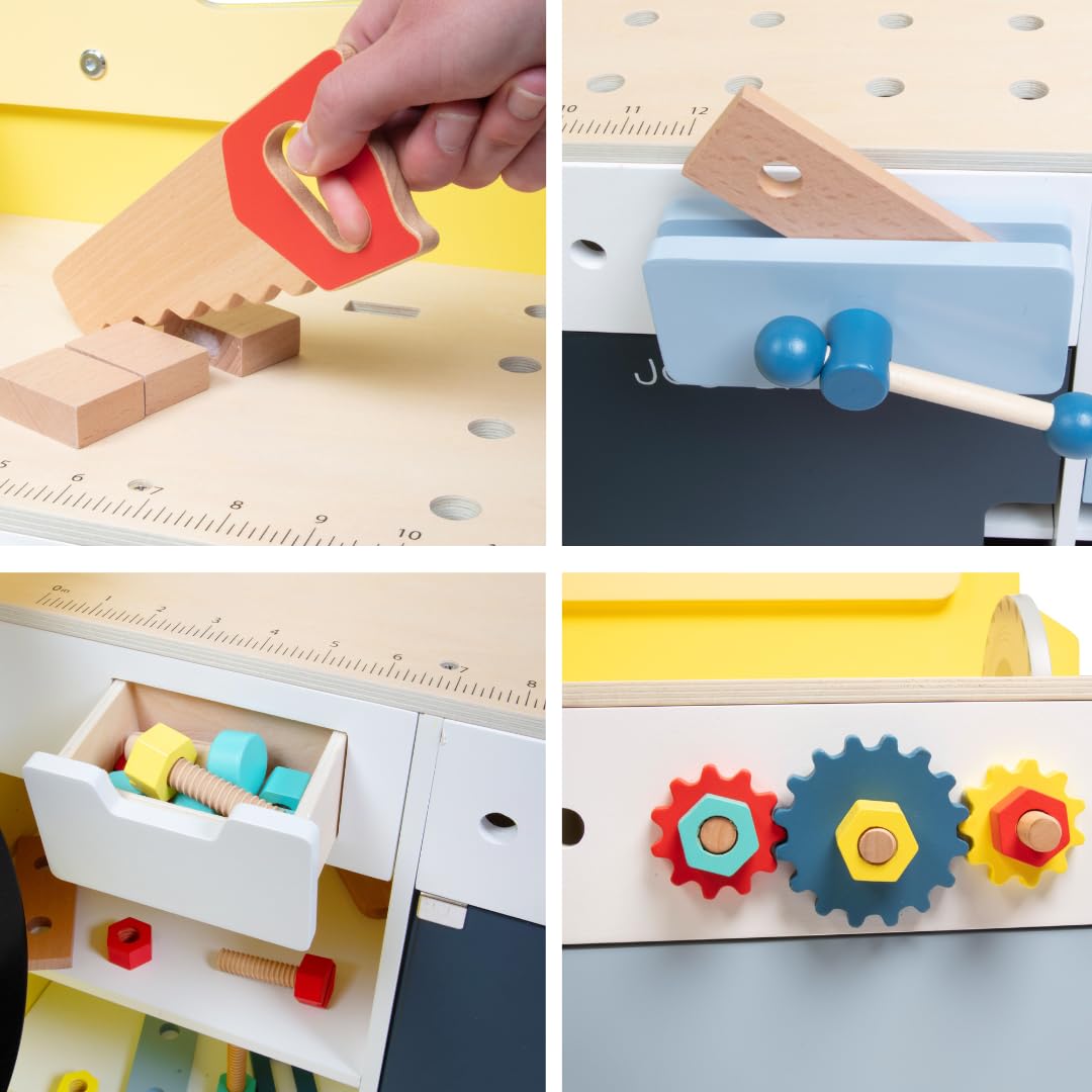 Construction Truck Wooden Playset w 60+ Toy Pieces- Pretend Hammer Saw Bolts & Screws- Spinning Turn Saw, Steering Wheel & Wood to Saw Apart, Dual Sided Play Stand, Workbench Building for Kids Gift Svan