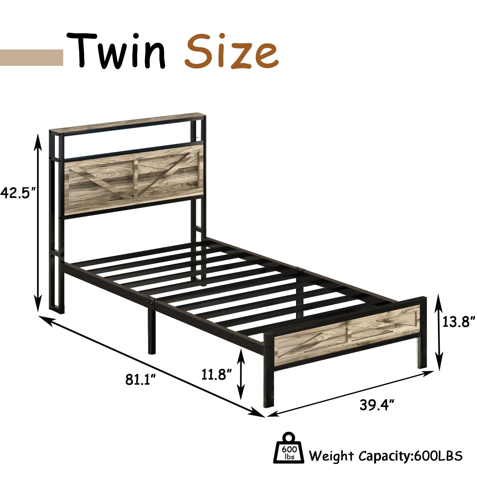 CHABUILDREARK Twin Bed Frame with Charging Station and LED Lights, Metal Platform Bed with Wood Storage Headboard, Rustic Barn Door Design, Noise Free, No Box Spring Needed, Wash Grey - WoodArtSupply