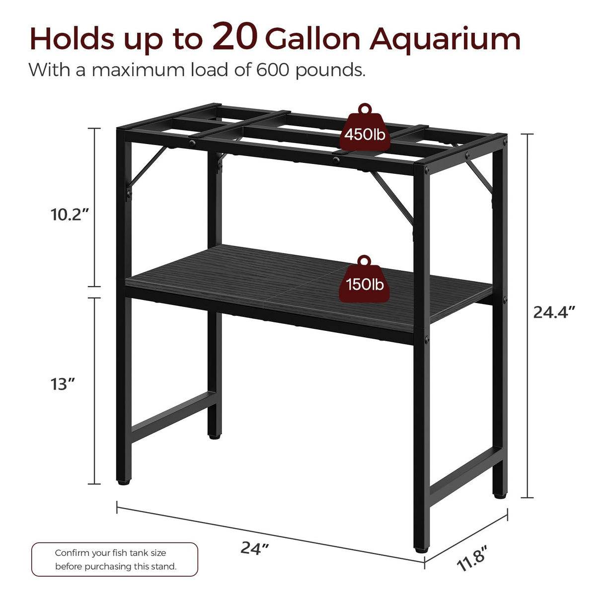 MAHANCRIS 20 Gallon Fish Tank Stand, Aquarium Stand with 2-Tier Storage Shelves, Heavy Duty Breeder Turtle Terrarium Stand Rack for Home Office, 24.0" L x 11.8" W x 24.4" H, Black FTBK2001 MAHANCRIS