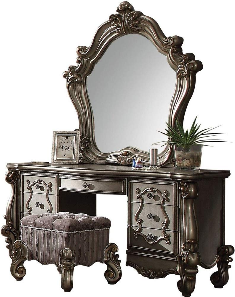 Acme Versailles Wood Bedroom Vanity Desk in Antique Platinum Pewter ACME Furniture