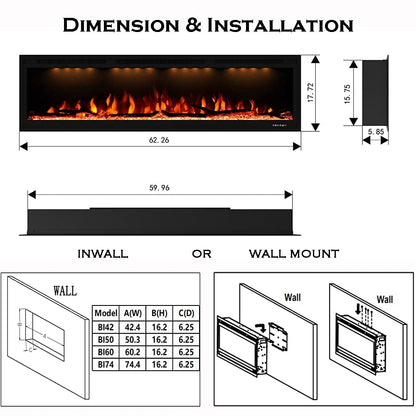 Masarflame Luxurious 60" Electric Fireplace, Wall Mounted&in Wall Recessed Fireplace Heater, Adjustable Flame Color & Top Light, Remote&Touch Control with Timer&Thermostat, Log & Crystal Set