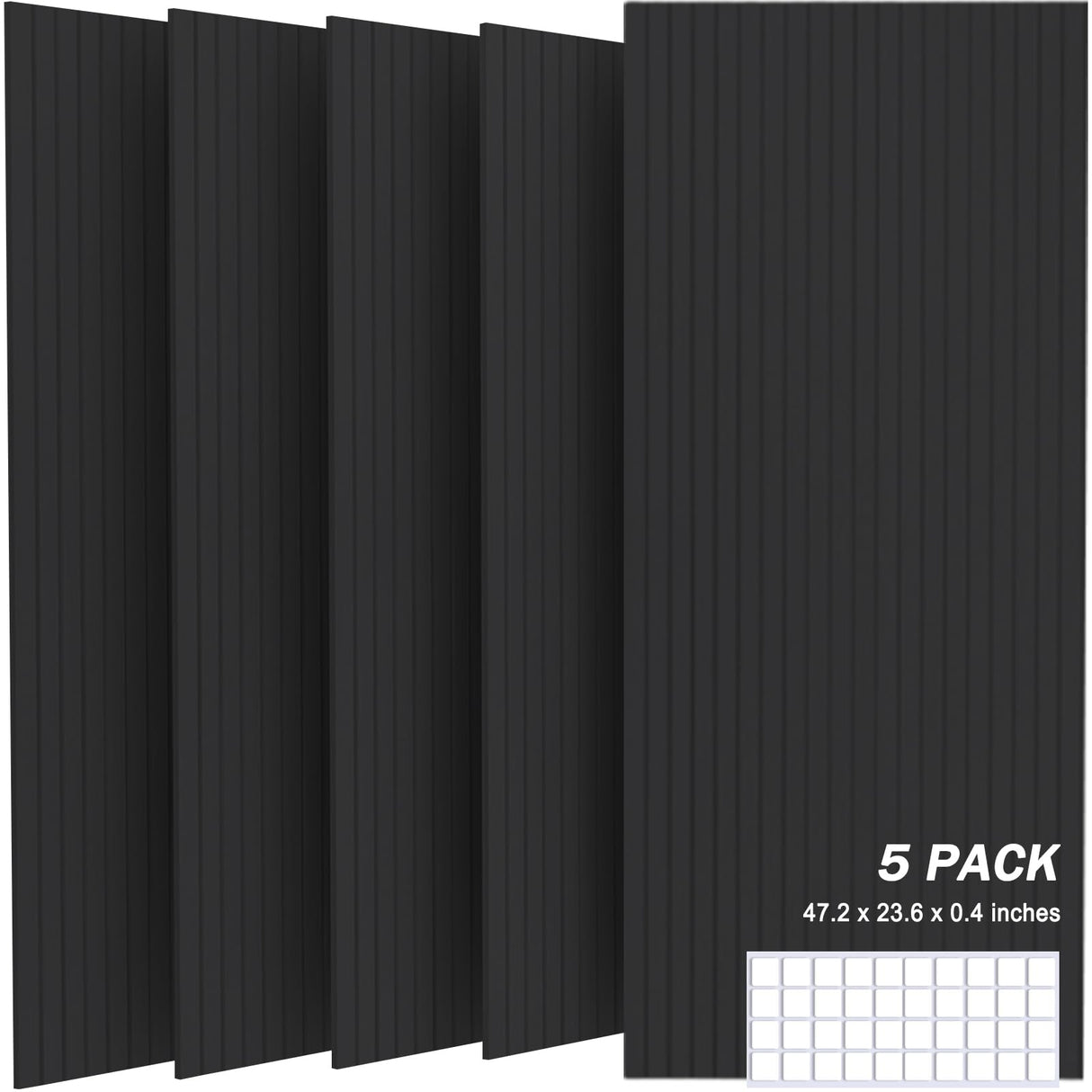 JVJVJ 5 Pack Acoustic Panels, 48" X 24" X 0.4" Decorative Sound Proof Felt Panels, Self-Adhesive Sound proof panels for walls, Creative Slotting Design. (Black) JVJVJ