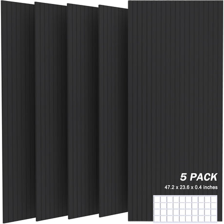 JVJVJ 5 Pack Acoustic Panels, 48" X 24" X 0.4" Decorative Sound Proof Felt Panels, Self-Adhesive Sound proof panels for walls, Creative Slotting Design. (Black) JVJVJ