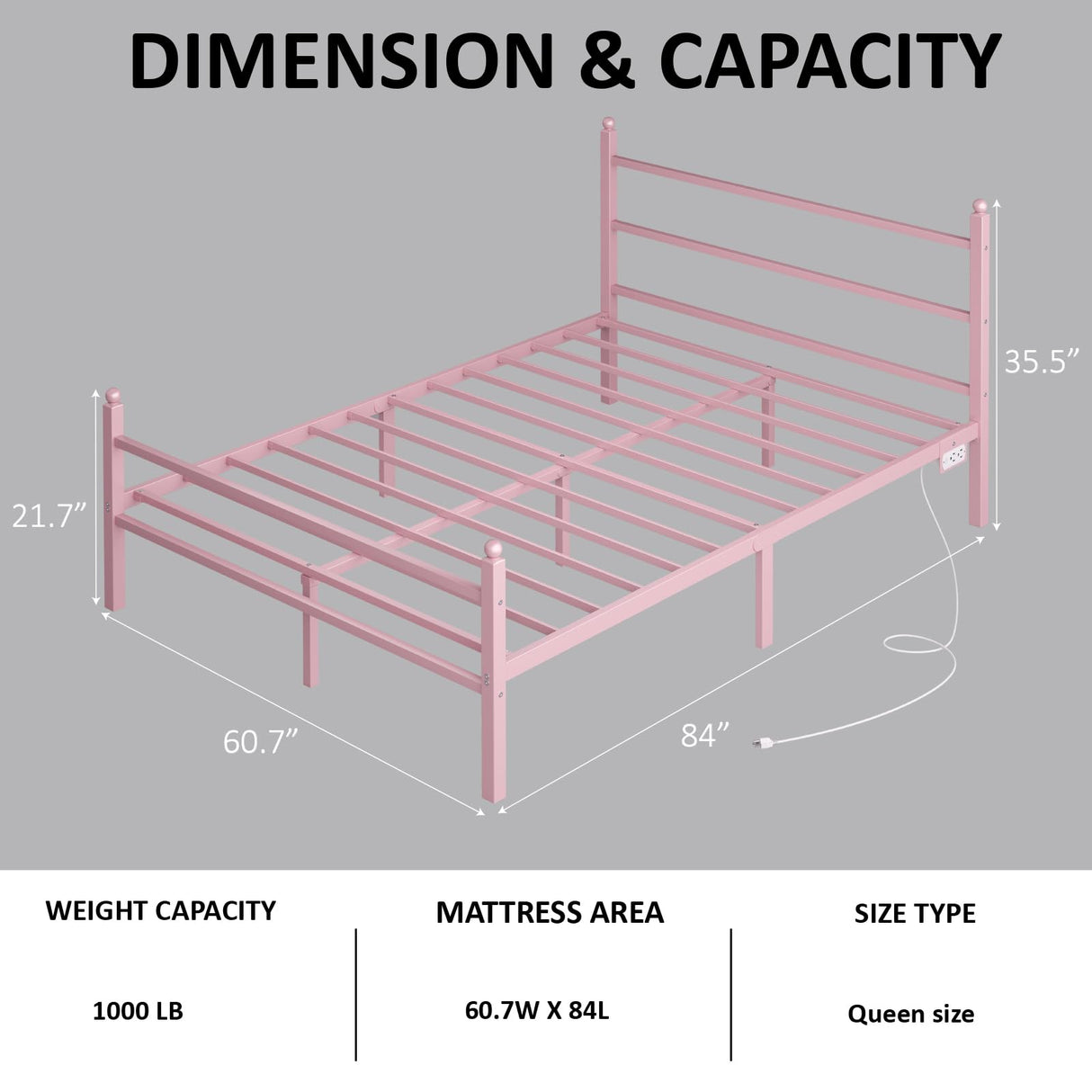 CollaredEagle Queen Bed Frame with Headboard and Footboard,Heavy Duty Steel Slats Support Metal Bed Frame with Charging Station,Pink CollaredEagle