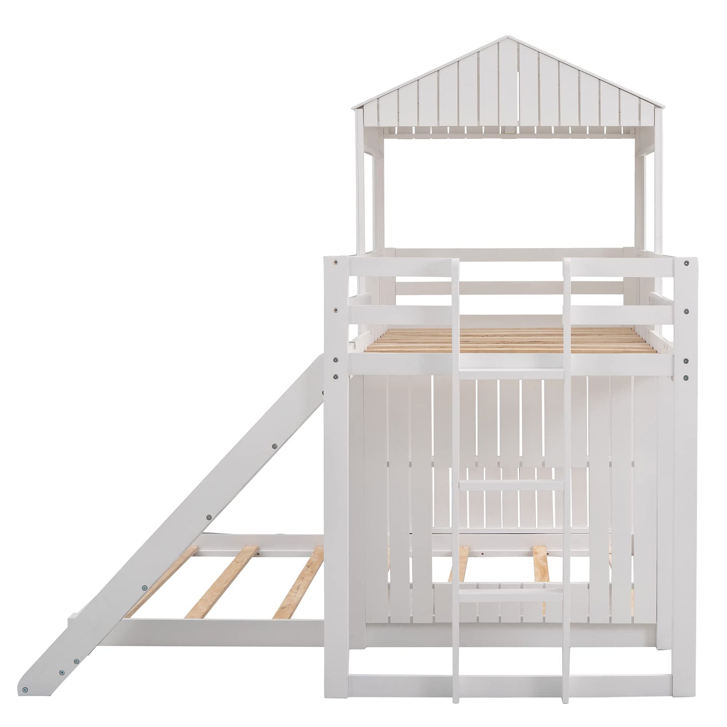 Harper & Bright Designs Twin Over Full Playhouse Bunk Bed with Slide and Roof in White - WoodArtSupply