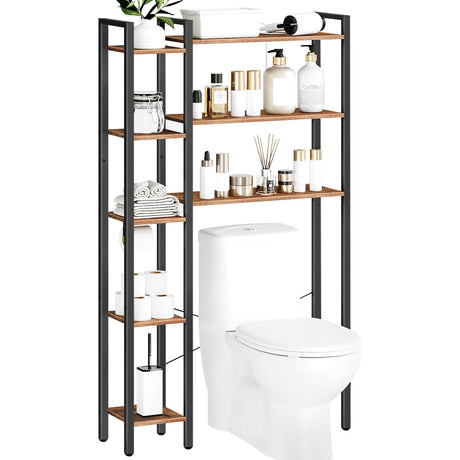 HOOBRO 8-Tier Over The Toilet Storage, Freestanding Bathroom Organizer Space Saver, Mass-Storage Side Storage Open Rack, for Bathroom, Living Room, Laundry, Rustic Brown and Black BF86TS01 HOOBRO