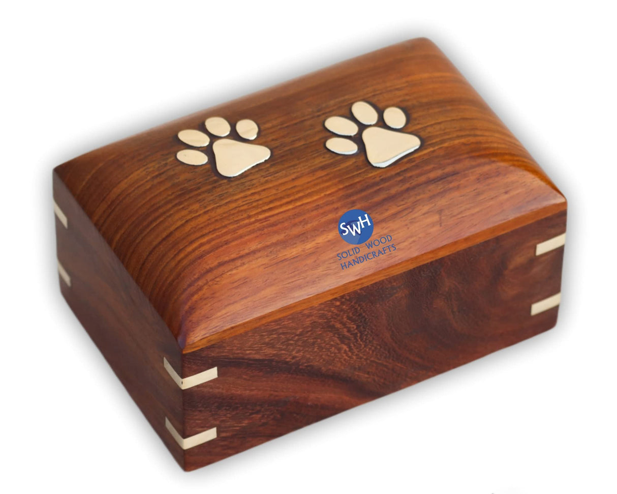 SWH Wooden pet urn | Rosewood Paw Print pet cremation urn for Dog Cat ashes | Wooden urn box with bottom opening system for small dog cat ashes | urn box for small pet with brass corner– 30.00 lbs Solid Wood Handicrafts