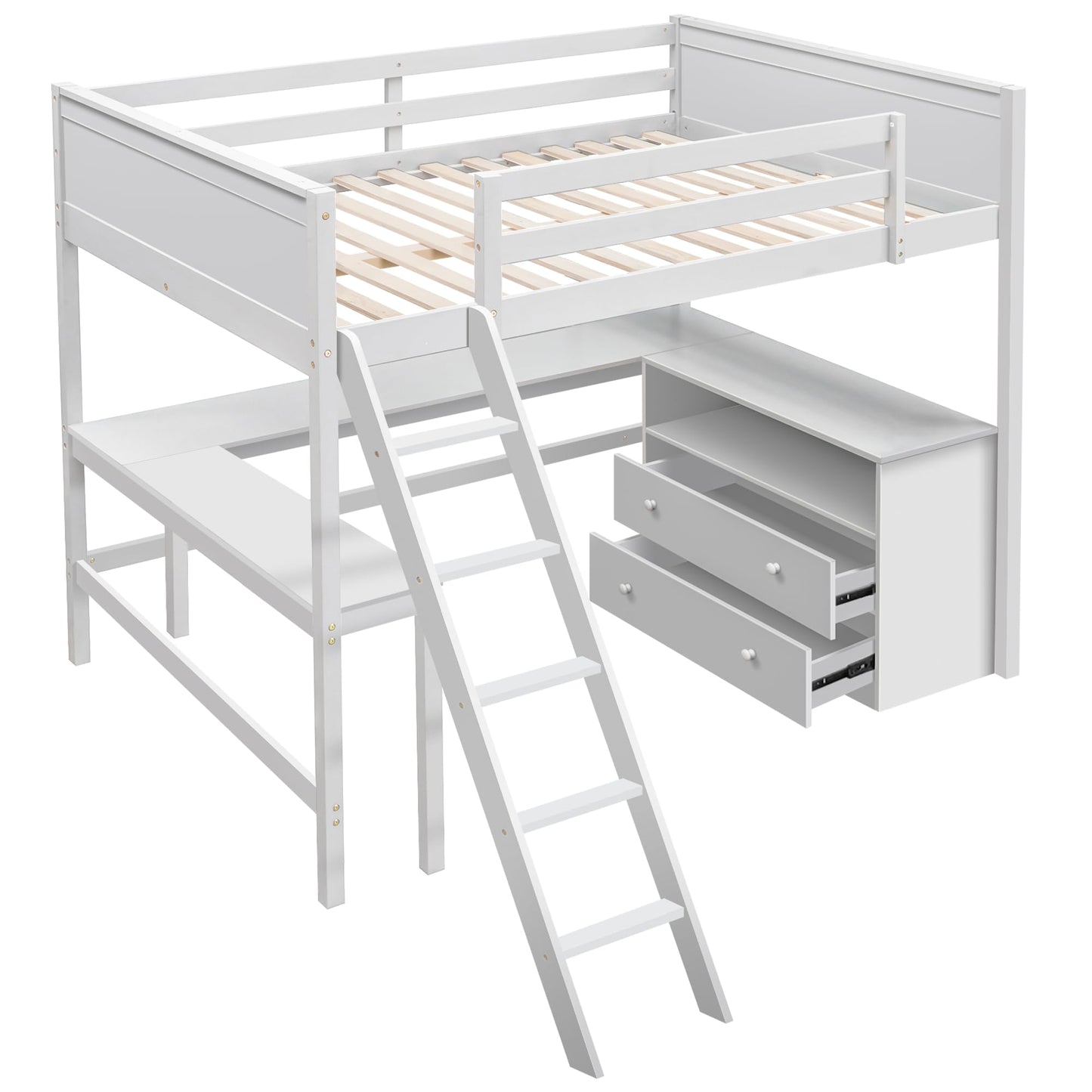 Full Size Solid Wood Loft Bed with Desk, Storage Shelves and Drawers in White - WoodArtSupply