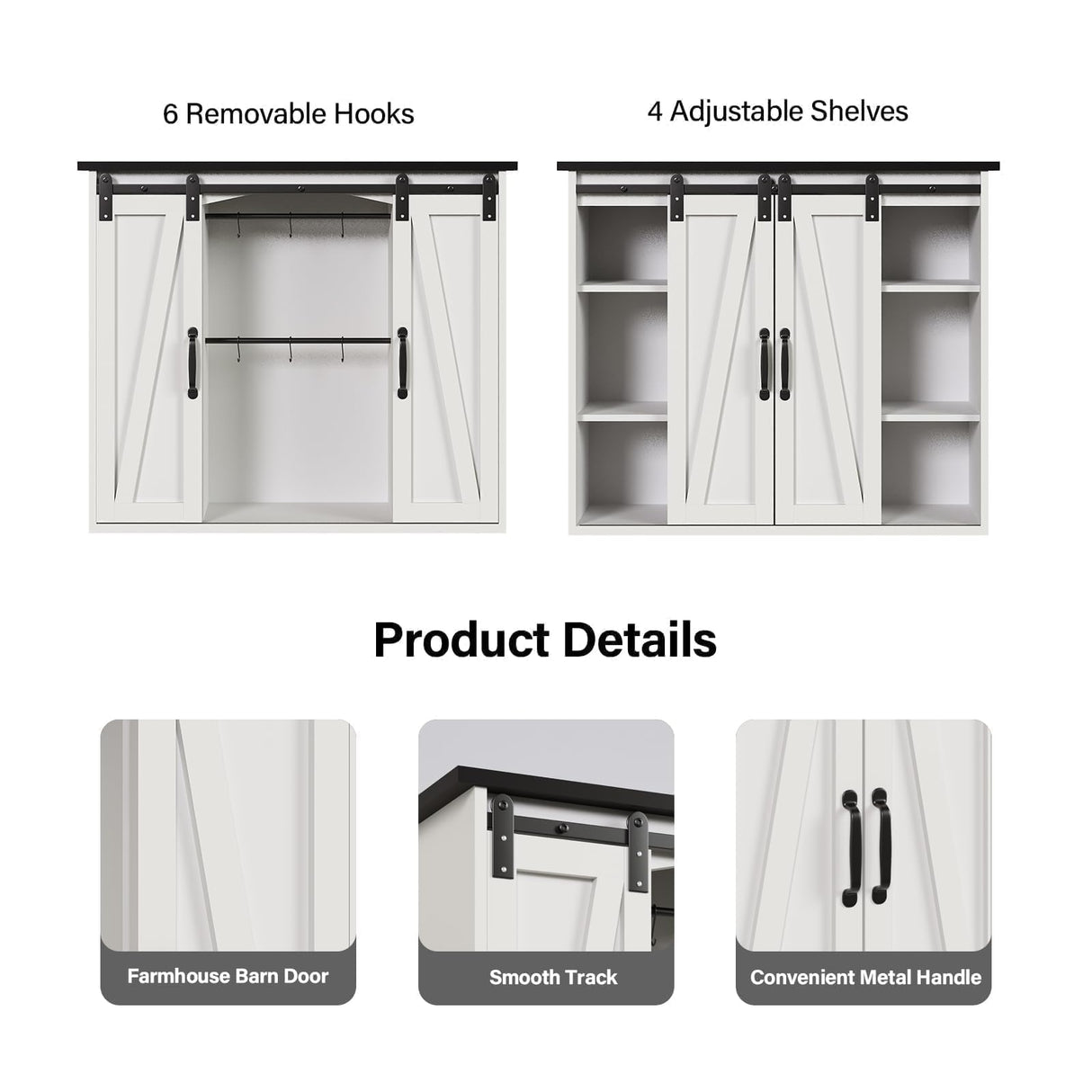 4ever2buy Farmhouse Coffee Bar with Storage, 31.5 Inch Floating Kitchen Wall Cabinet with 6 Hooks for Wall, Wall Mount Cabinet with Barn Door for Living Room, White Kitchen Wall Cabinet 4ever2buy