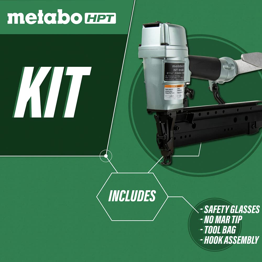 Metabo HPT Pro Finish Nailer, 16-Gauge, Pneumatic, Accepts 1-1/2-Inch to 2-1/2-Inch Straight Finish Nails, High Grade Aluminum and Steel Magazine, (NT65A5) Metabo HPT